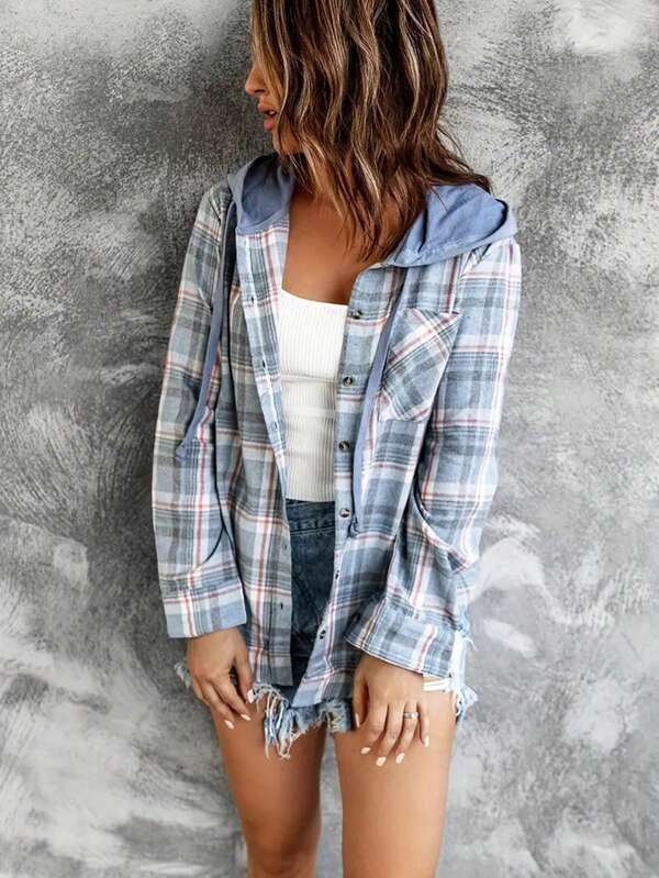 INAWLY Plus Size Casual Grid Pattern Button Front Loose Hooded Shirt, Suitable For Outdoor Wear In Autumn