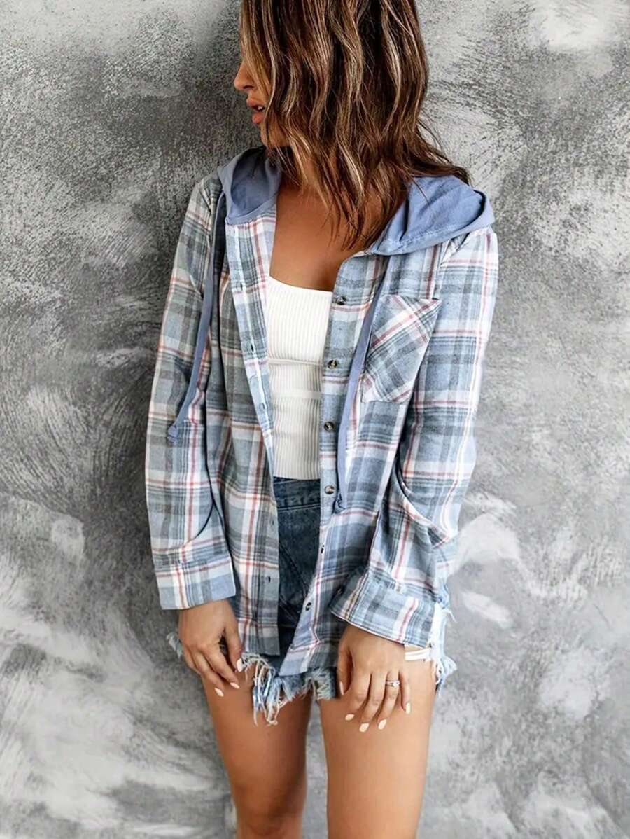 INAWLY Plus Size Casual Grid Pattern Button Front Loose Hooded Shirt, Suitable For Outdoor Wear In Autumn Fall Cloth For Women
