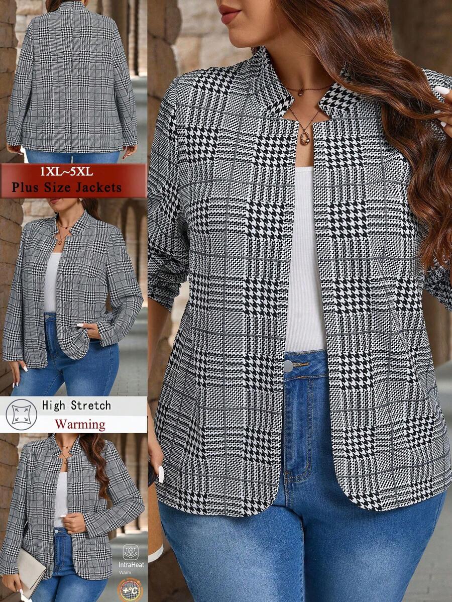 EMERY ROSE 大码休闲优雅格子翻领前开襟夹克，女士冬季服装 - 彩色 - 查看 1