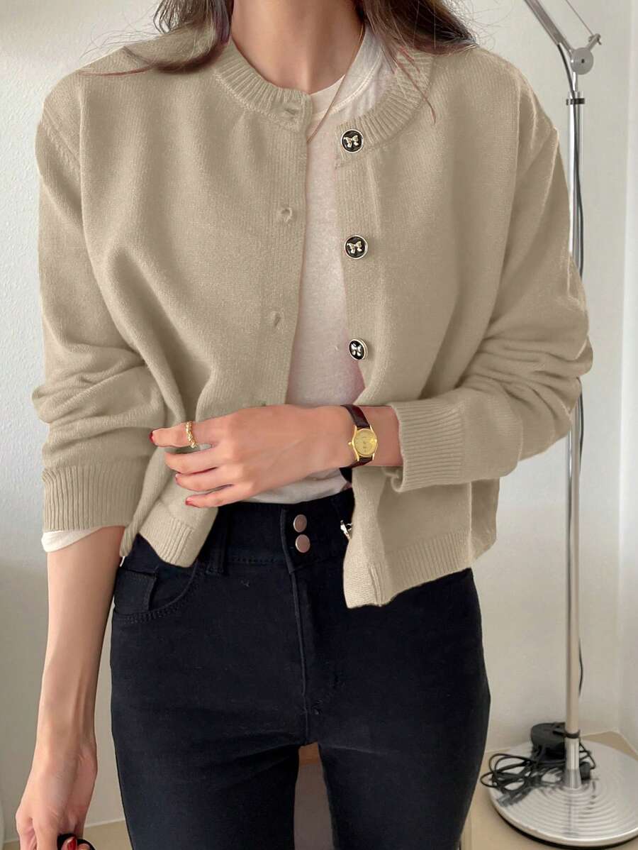 DAZY Women Casual Solid Color Single-Breasted Cardigan Sweater - Light Grey - View 1