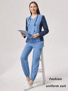 TaskEZ 女式 V 领长袖双口袋撞色休闲女式 T 恤刷牙制服衬衫和女士工作服直筒裤刷牙制服、健康检查手术服刷牙制服女式纯色宠物美容工作刷牙制服套装营养师工作服短袖实验室工作服女式两件套，多口袋功能性工作服，下身松紧腰带方便穿脱