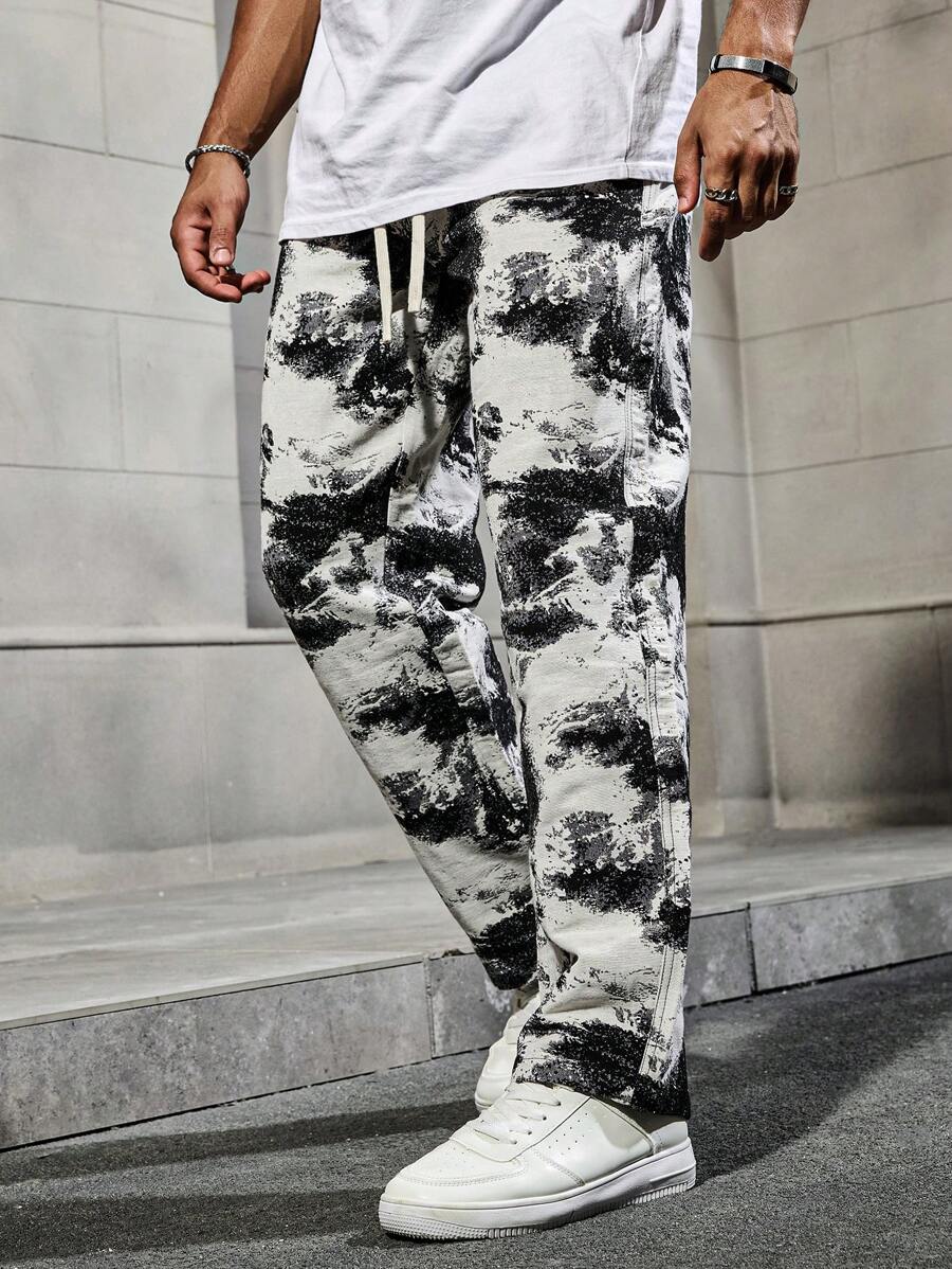 Claim Dot 男士扎染黑白撞色直筒裤 宽松裤 INS 黑白泼漆纹理宽松休闲裤 外出长款直筒休闲裤 送老公、男友礼物 秋季