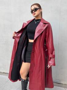 Flirla Plus Size Snake Emboss Pu Faux Leather Long Jacket, Deep Red Burgundy Color For Women - Burgundy - View 7