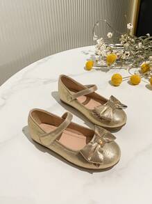 女童圆头蝴蝶结装饰平底鞋，适合秋冬季 - 金色 - 查看 1