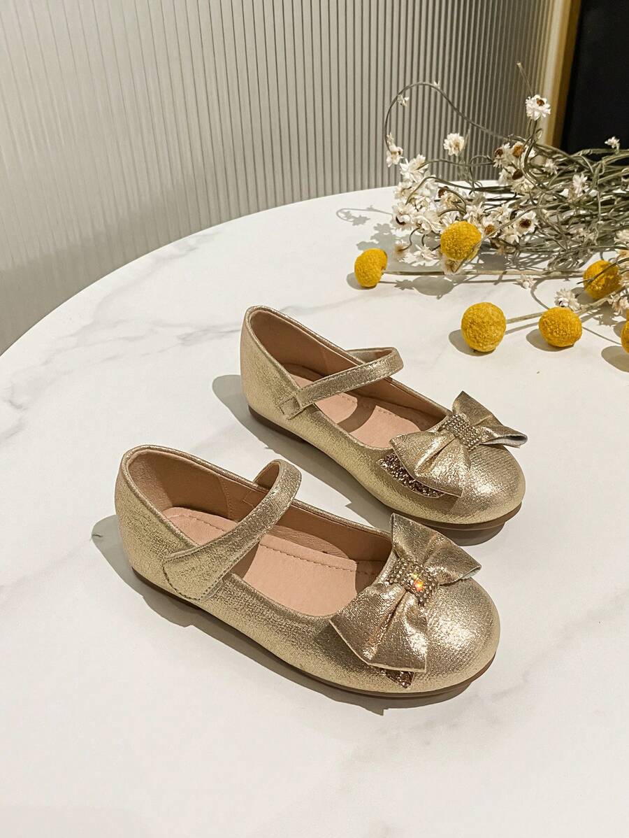 女童圆头蝴蝶结装饰平底鞋，适合秋冬季 - 金色 - 查看 1