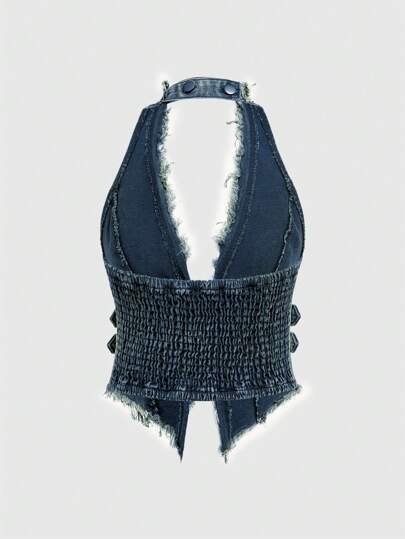 Hippie Top de mezclilla desgastada con cuello en V sexy y estilizada, cierre con botones, para mujer, estilo streetwear Y2K