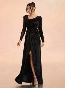 SHEIN Belle Vestido de noche formal y elegante con cuello asimétrico, mangas largas, volantes y dobladillo dividido para mujeres, color negro, ideal para graduación, cena