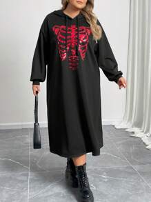 SHEIN CURVE+ Plus Size Autumn Sequin Embroidery Skull Pattern Long Hooded Sweatshirt Dress - Black - View 5