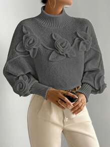Chiquease 女士 3D 花卉装饰高腰长袖休闲套头衫，秋冬 - 深灰色 - 查看 5