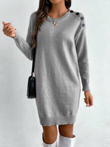 SHEIN LUNE 女士休闲纯色长袖毛衣连衣裙，秋冬 - 淺灰色 - 查看 3