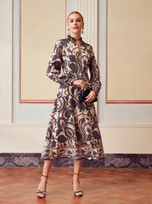 ZEYLAH ALLOVER PRINT FRILL NOTCH NECK LANTERN SLEEVE MIDI DRESS WITHOUT BELT - Multicolor - View 1
