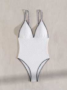 SHEIN Swim Solid Black & White Textured Fabric Ruched Off Shoulder One Piece Swimsuit Summer - Black and White - View 7