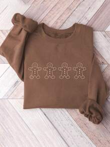 Flirla Plus Size Gingerbread Embroidered Colorful Sweatshirt | Christmas Round Neck Sweatshirt | Holiday Gift | Comfy Casual Wear | Lightweight Sportswear