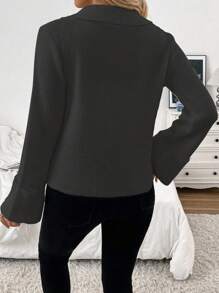 SHEIN Unity Adjustable Front Tie Casual Lapel Cardigan, Influencer Style, Beige Fall Cloth For Women - Dark Grey - View 2