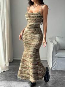 Chiquease Vestido largo y extra largo elegante de punto de rayas, de alta elasticidad y muy suave, para fiesta y temporada de otoño e invierno, conjunto de mujer, solo el vestido sin chaqueta