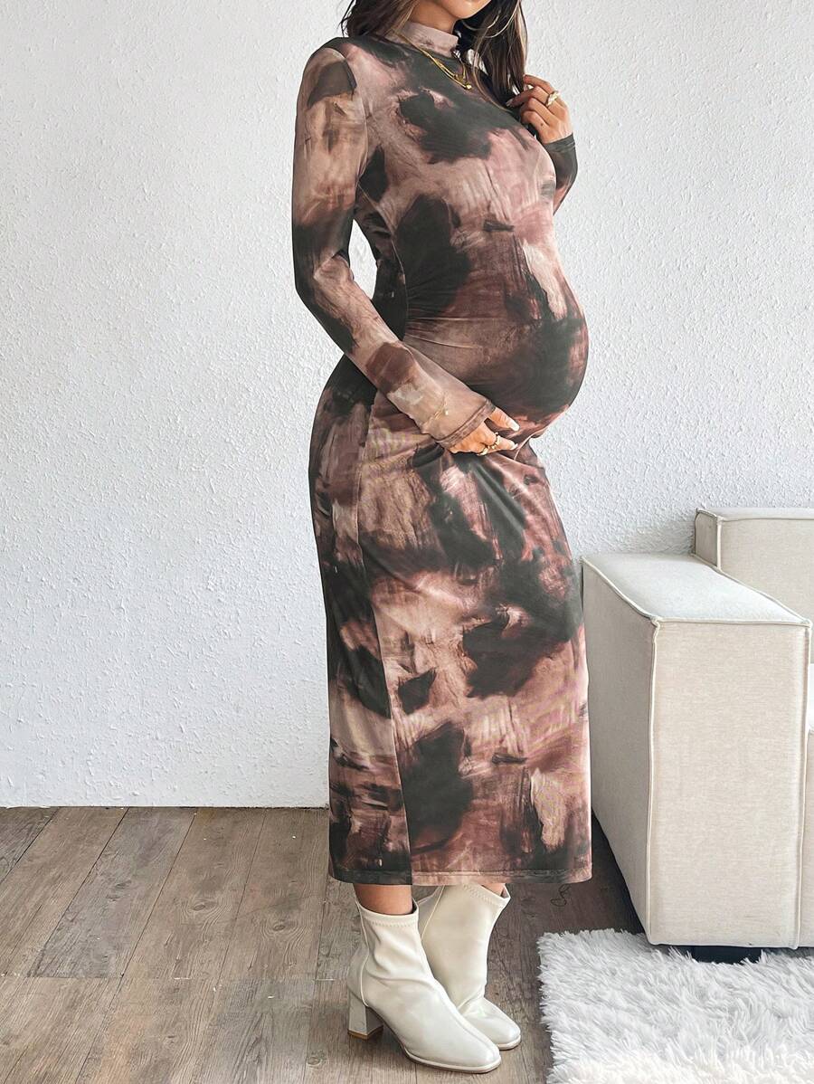 SHEIN 扎染长袖孕妇装，适合户外休闲装，秋季 - 棕色 - 查看 1