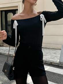 SHEIN Unity 1pc Women Casual Off Shoulder Lace Ribbon Decor T-Shirt, Autumn - Black - View 3