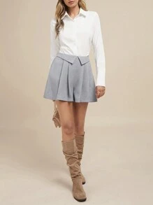 SHEIN Clasi 1 件女式灰色不对称腰线双层褶皱短裤 - 灰色 - 查看 5