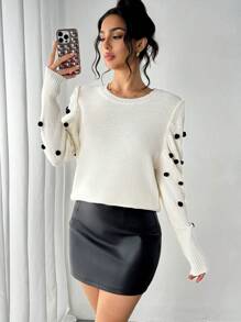 Chiquease Elegant Solid Color Round Neck Puffy Sleeve Sweater, Autumn/Winter