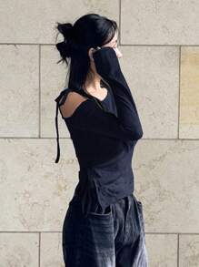 DAZY 1件装女士系带露肩T恤，藏蓝色，长袖，春秋季学院风上衣，秋季女装不对称肩部上衣可爱上衣 - 藏蓝色 - 查看 2