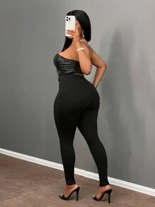 Slaydiva Plus Size Damskie Czarne Kontrastowe Siatkowe Seksowne Długie Spodnie