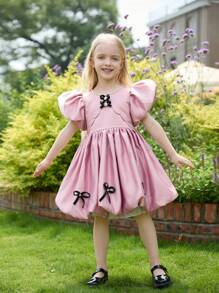 SHEIN Elegantes Puffkleid mit Schleife, geeignet für Geburtstagspartys, Urlaub und Blumenmädchen, Kleine Mädchen - Pink - Übersicht 1