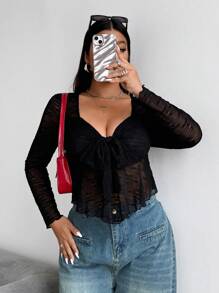 Flirla Plus Size Lace Front & Tie Long Sleeve T-Shirt Fall Cloth For Women