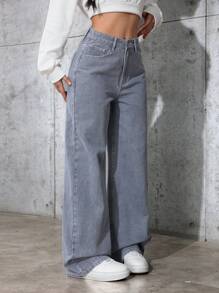 SHEIN ICON 休闲破洞宽松阔腿牛仔裤