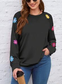 SHEIN LUNE 休闲简约花卉图案宽松圆领长袖运动衫，加大码女款，适合秋冬季 - 黑色 - 查看 1