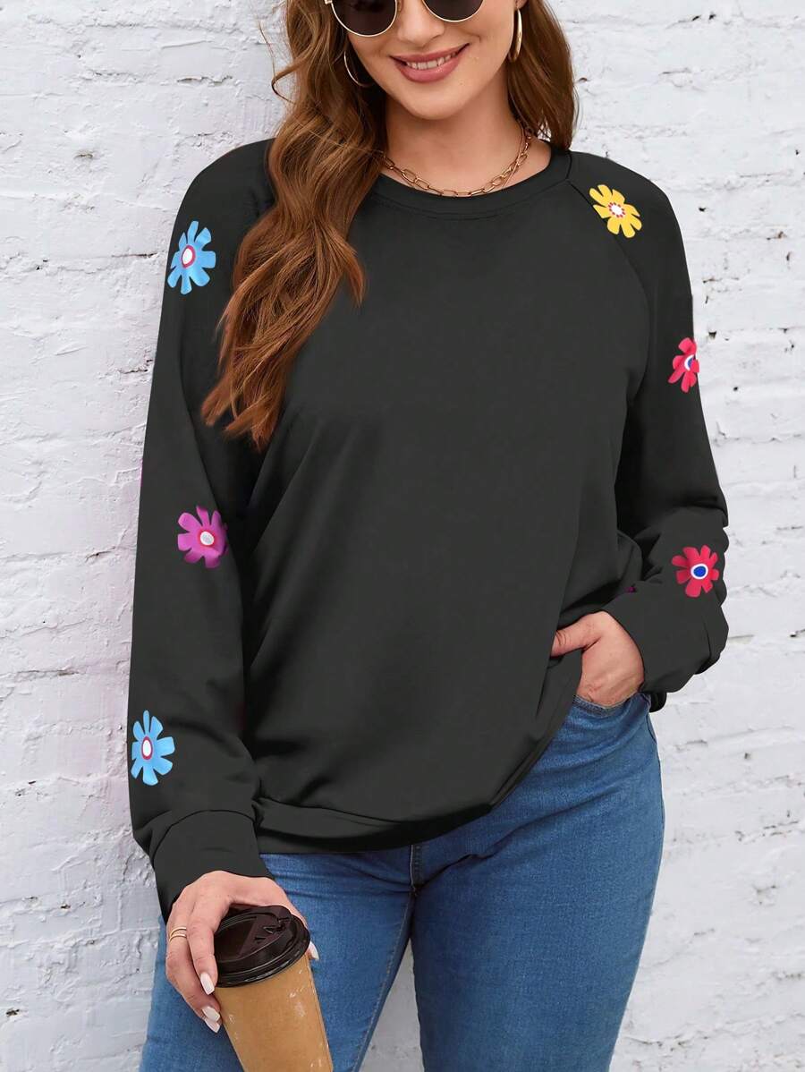 SHEIN LUNE 休闲简约花卉图案宽松圆领长袖运动衫，加大码女款，适合秋冬季 - 黑色 - 查看 1