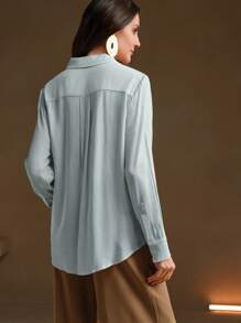 Anewsta 女士休闲 3D 花卉领长袖珍珠串珠水溶性蕾丝拼布衬衫 - 藍色 - 查看 5