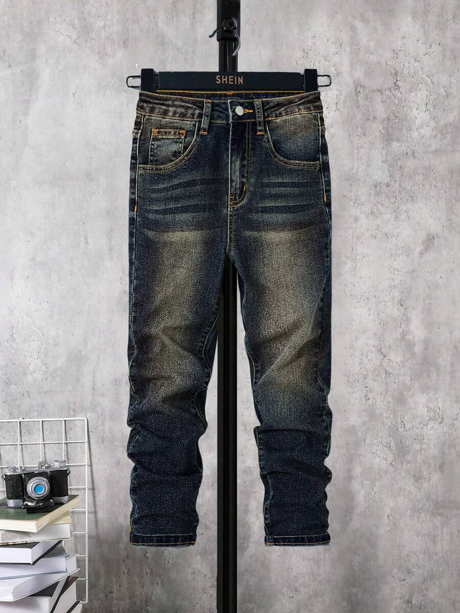 SHEIN Tween Boy Contrast Pocketed Casual Straight Fit Jeans - Dark Wash - View 1