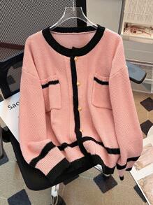 SHEIN LUNE Cárdigan de punto casual y elegante de manga larga con bloques de color y empalmes, para el invierno, tallas grandes - Multicolor - Ver 1