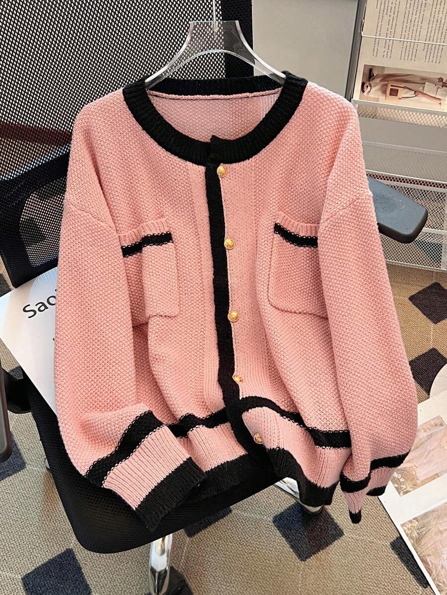 SHEIN LUNE Cárdigan de punto casual y elegante de manga larga con bloques de color y empalmes, para el invierno, tallas grandes - Multicolor - Ver 1