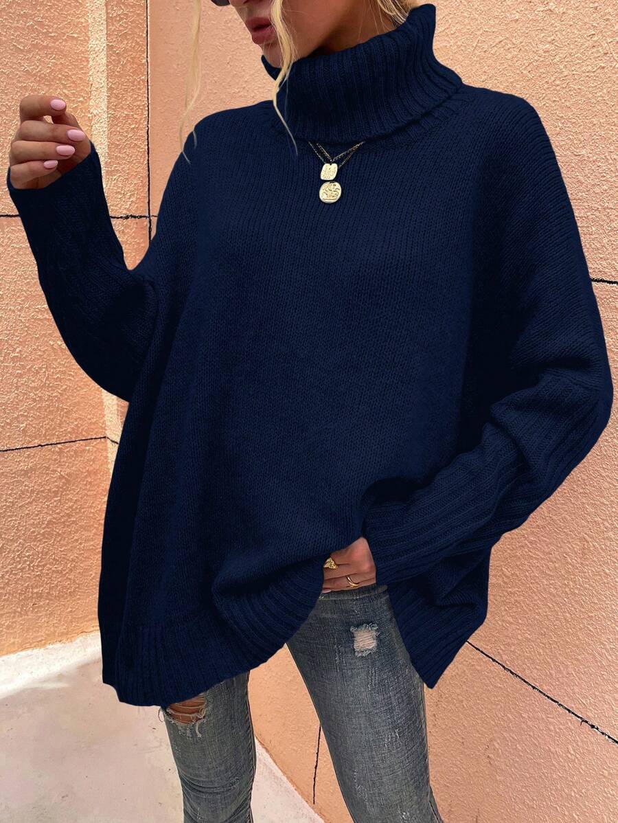 EMERY ROSE Casual Solid Color High Neck Drop Shoulder Loose Knit Sweater, Autumn/Winter Knit Pullover Fall - Navy Blue - View 1