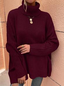 EMERY ROSE Women Casual High Collar Solid Color Drop Shoulder Loose Sweater For Autumn/Winter For New Year Clothes - Red - View 6