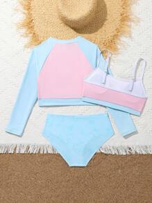 SHEIN Tween Girls 3 件套比基尼套装：拼色吊带背心上衣 + 纯色三角裤 + 拉链长袖夹克，夏季海滩 - 淺藍色 - 查看 2