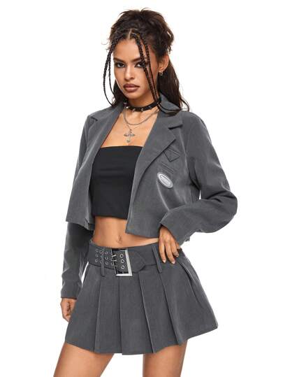 Women Cropped Blazer With Leather Label, Detachable Waist Belt, Y2K Style Mini Pleated Skirt Suit