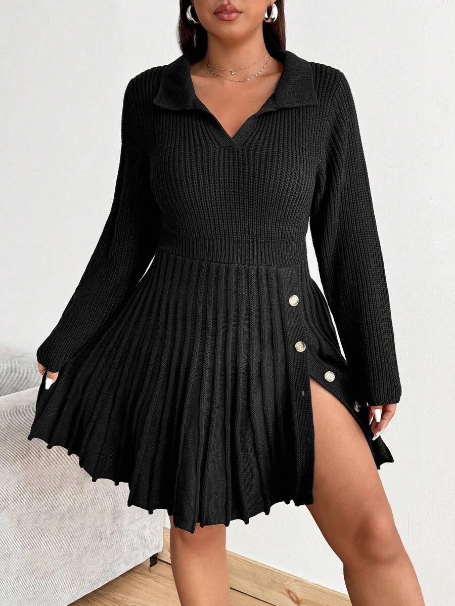 Calvaya Vestido de suéter de punto con cuello alto, manga larga, fruncido y apertura lateral para mujer de talla grande, ideal para otoño e invierno - Negro - Ver 1