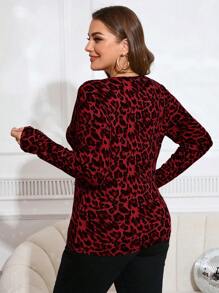 SHEIN Clasi Áo thun ren họa tiết da báo thanh lịch cỡ lớn mùa thu - Đỏ - Xem 2