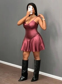 Slaydiva Váy mini đen phủ PU bó sát, thiết kế cúp ngực, viền bèo nhún thanh lịch cho lễ hội âm nhạc mùa hè dành cho nữ - Màu Đỏ Sâu - Xem 7