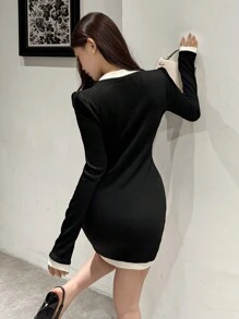 DAZY Women's Autumn Elegant Short Colorblock Button Front Bodycon Dress,Mini Dress
