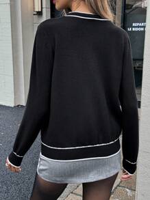 Chiquease 女士撞色滚边常规肩部长袖开衫，带双口袋，秋冬季针织套头衫 - 黑與白 - 查看 2