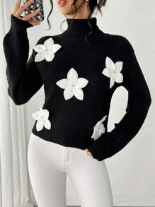 Chiquease 高领休闲撞色花卉拼接加厚套头毛衣，复古风格，适合户外聚会和街头穿着，黑色，秋冬季针织套头衫 - 黑色 - 查看 5