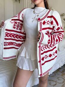 Flirla Christmas Vibe Red Jacquard Knit Plus Size Plus Size Cardigan Sweater Coat, Long Sleeve For Autumn/Winter - Multicolor - View 5