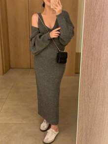 DAZY 2pcs Women's Solid V-Neck Sleeveless Fitted Dress And Cardigan Set,Fall Clothes