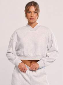 MUSERA Cropped V Neck Collared Sweatshirt - Light Grey - View 1