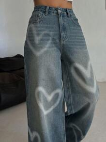 DAZY 女士休闲心形印花宽松阔腿牛仔裤 - 中等水洗藍 - 查看 7