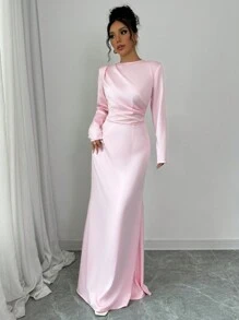 Lyxana 情人节单件缎面褶皱优雅浪漫女士连衣裙长款女装 - 粉色 - 查看 1