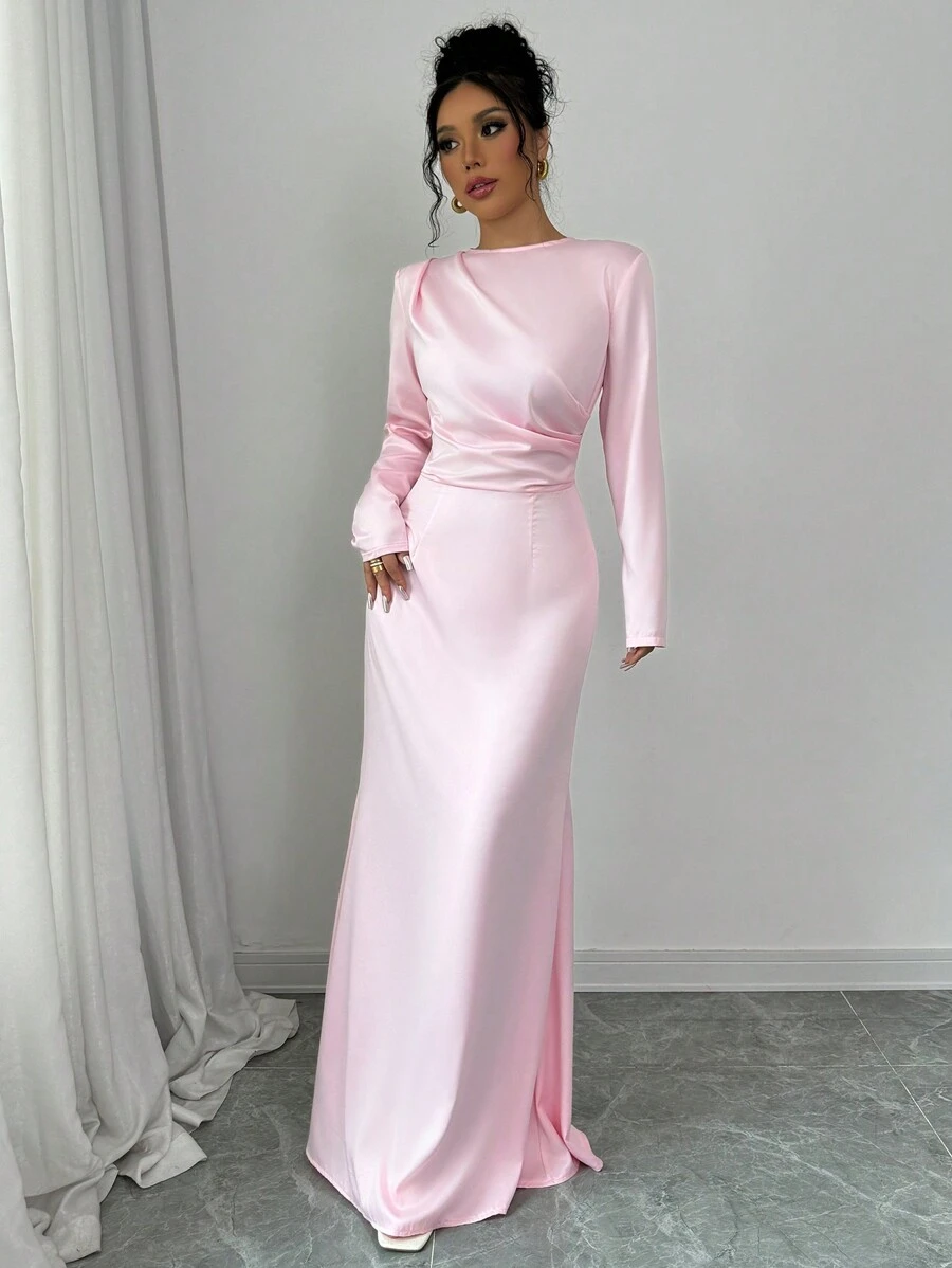 Lyxana 情人节单件缎面褶皱优雅浪漫女士连衣裙长款女装 - 粉色 - 查看 1